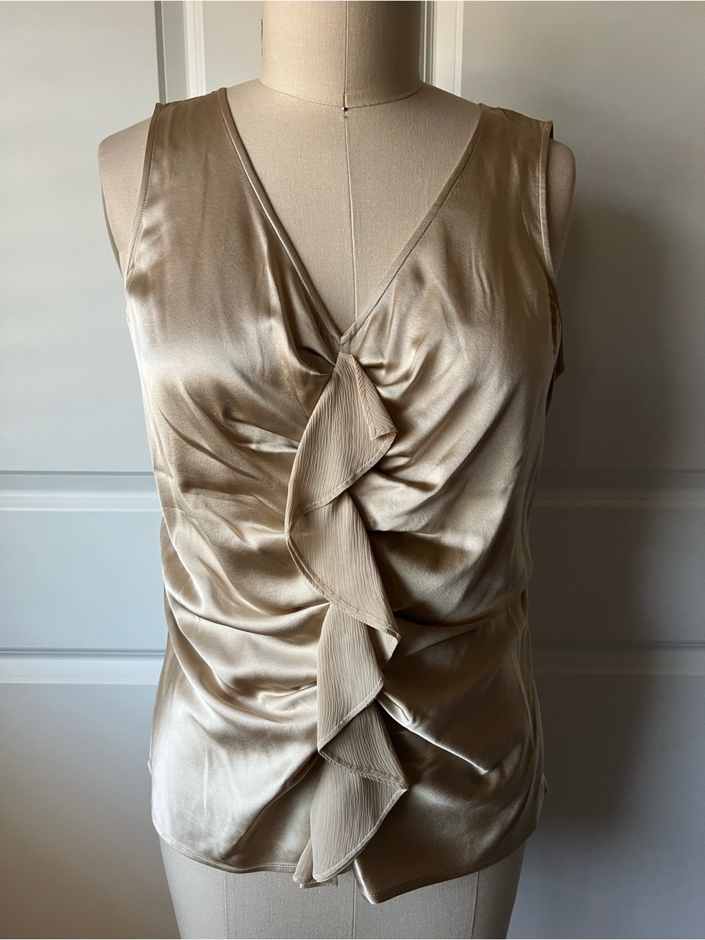 St. John Sleeveless Silk Ruffle Front Blouse